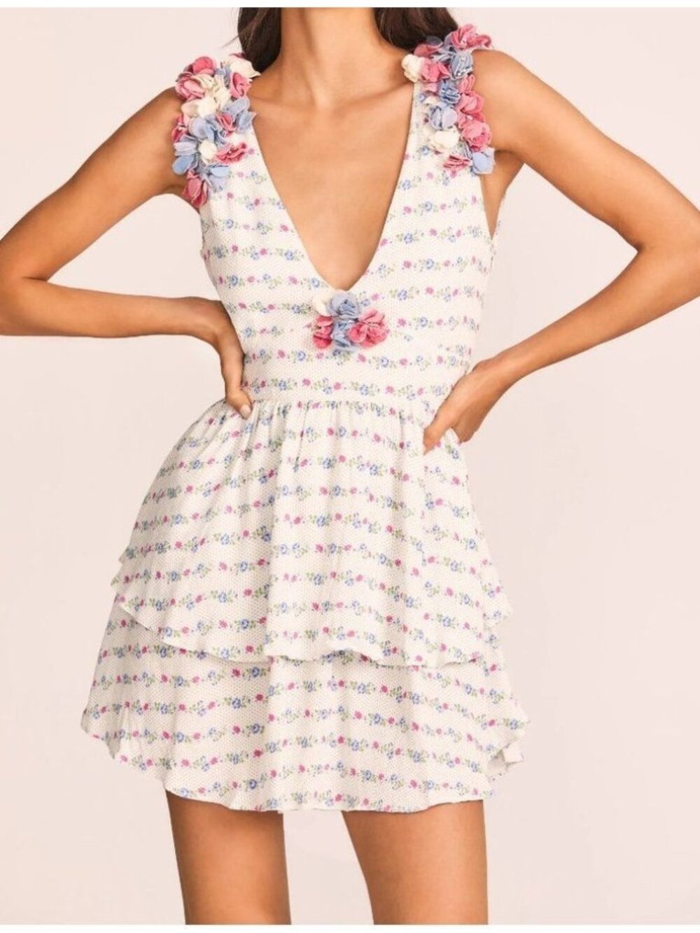 LoveShackFancy Shayna Velvet Floral Tiered V Neck Mini Dress Lilac Crema 8